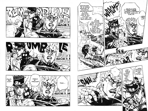 A double page taken from the manga Jojo’s Bizarre Adventure.